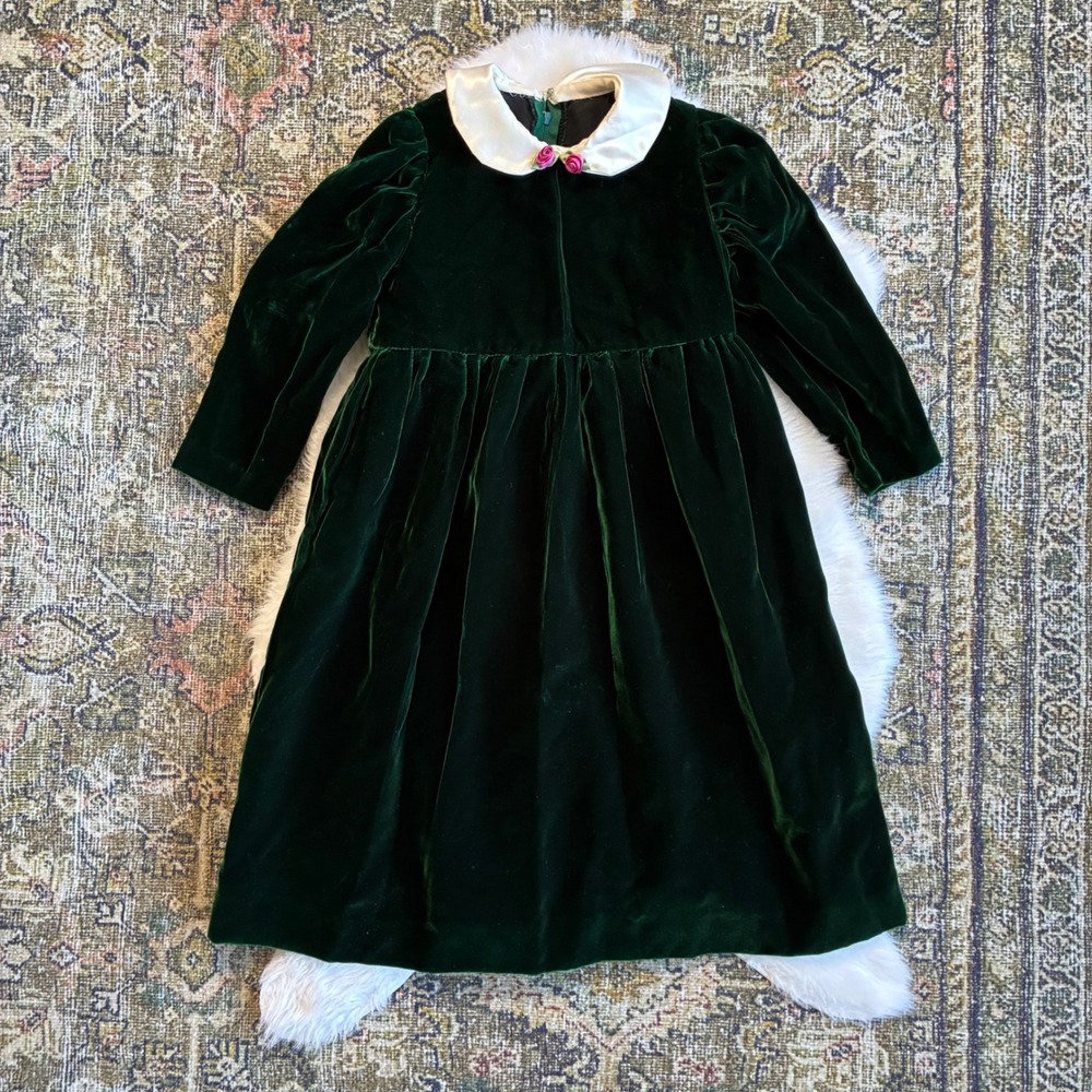 Vintage Girls Green Velvet Holiday Christmas Dress Satin Collar Sz 8-10 Handmade